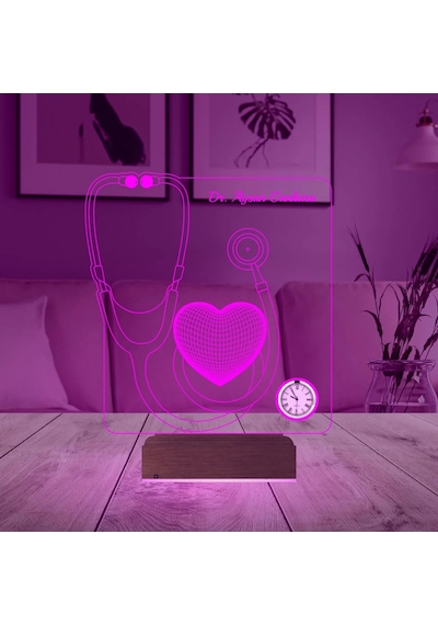 Luvivia Doktora Hediye Steteskop Kişiye Özel Metal Saatli 3d Lamba - Masa Gece Lambası Şeffaf