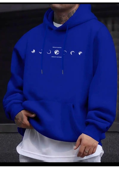 Medinenur Ayın Evreleri Baskılı Kapüşonlu Sweatshirt Mavi