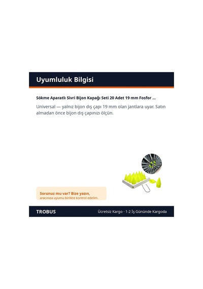 Trobus Sökme Aparatlı Sivri Bijon Kapağı Seti 20 Adet 19 Mm Fosfor Yeşil