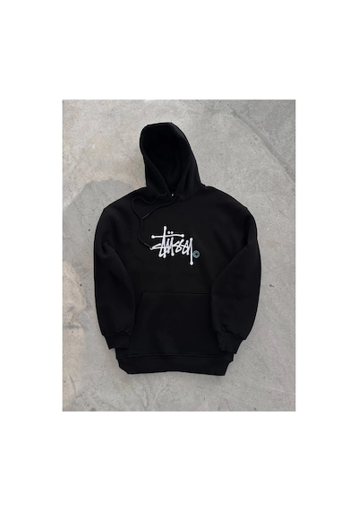 Erkek Üç İplik Kapşonlu Baskılı Sweatshirt - Siyah