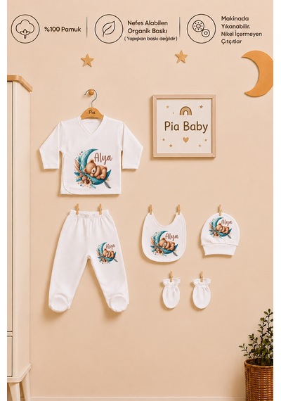 Pia Baby Kız Bebek 5'li Zıbın Seti %100 Pamuk İsimli Kişiye Özel Organik Baskılı 1012zyx Krem