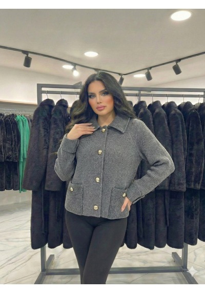 Ribana Classic Kadın Yaka Detaylı Astarlı Slim Fit Kısa Mont Füme