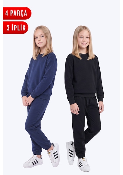 Fyk Kids 3 İplik Düz Kız Çocuk Çift Cepli Bisiklet Yaka 2'li Eşofman Takımı Lacivert-siyah