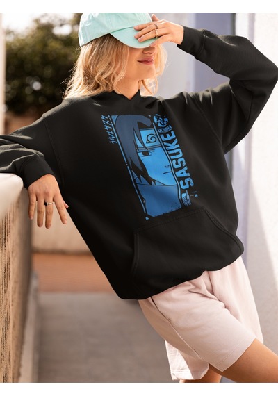 Sevbano Sasuke Uchiha Baskılı Unisex Oversize Naruto Anime Hoodie Siyah
