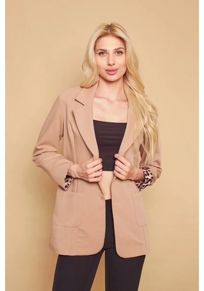 Yakalı Cepli Uzun Kol Katlamalı Blazer Kumaş Ceket-bej Bej