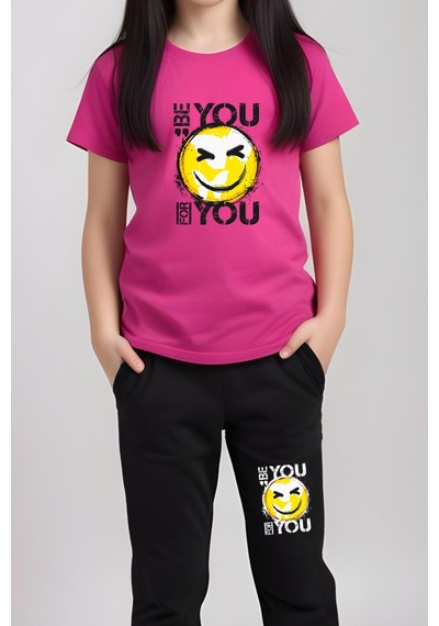 Panios Kids Be You Emoji Baskılı Kız Çocuk Tişört Ve Eşofman Alt-üst Takım Fuşya