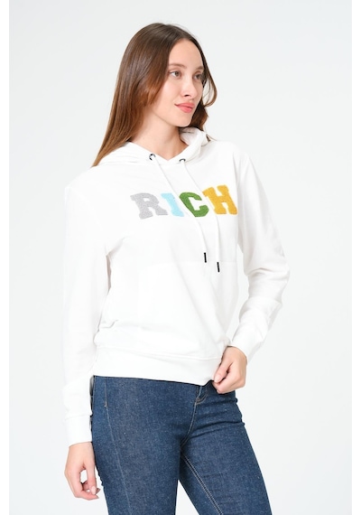Kadın Kapüşonlu Süzüne Baskılı Sweatshirt Beyaz
