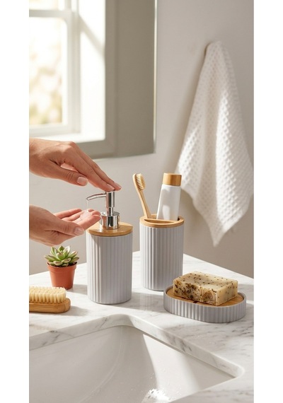 Makri Home 5 Parça Yuvarlak Banyo Seti, Bambu Kapaklı, Gri, Hacim: 7 Litre Gri