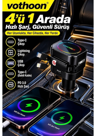 Zenvia 4 Ü 1 Arada 66w Araç Şarj Cihazı Çift Kablolu Araç İçi Çakmaklık Hızlı Şarj Cam Kırma Çakmak Öz