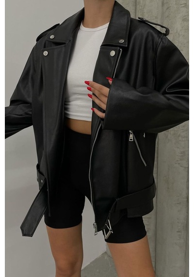 Neşeli Butik Kadın Siyah Oversize Deri Mont Nbdm5017