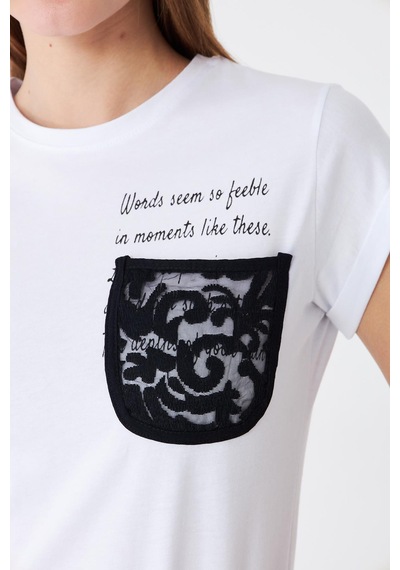 Sortie Collection Dantel Cepli Yazı Baskılı Katlama Kollu Tshirt Ekru Beyaz