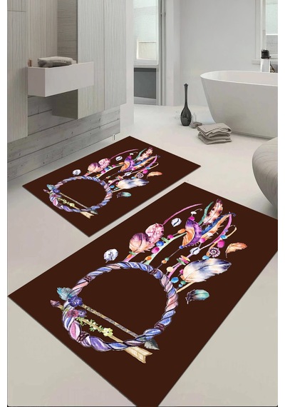 Buççin Online Mağaza Dijital Baskılı Yıkanabilir Ve Kaymaz Tabanlı Renkli Kuş Tüy Model Banyo Paspası Klozet Takımı Polye Çok Renkli