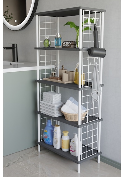 5 Katlı Çevir Kur Beyaz Metal Telli Banyo Rafı Çok Amaçlı Düzenleyici, Organizer Stand Banyo Dolabı Antrasit