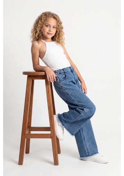 Joy Kids Kız Çocuk Boydan Taşlı Bilek Üstü Kot Pantolon 9-16yaş Mavi Açık Mavi