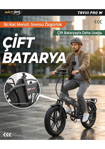 Skyjet Trvııı Pro W Çift Bataryalı 1000w Elektrikli Bisiklet Ayna Çanta Ve El Gazı Hediyeli Gri