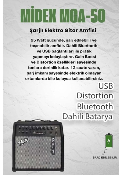 Mga-50usb-bt Elektro Gitar Amfisi 50 Watt Usb Bluetooth Şarjlı 4 Girişli
