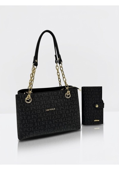 Just Polo Kadın Günlük & Özel Günlere Uygun Baskılı Şık Omuz Çantası Ve Cüzdanı Kombin Shopper Siyah
