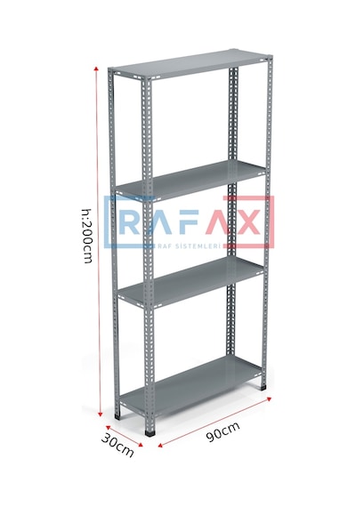 Rafax, 30x90xH:200, 4 Raflı Çelik Raf, Depo Rafı, Arşiv Rafı Gri