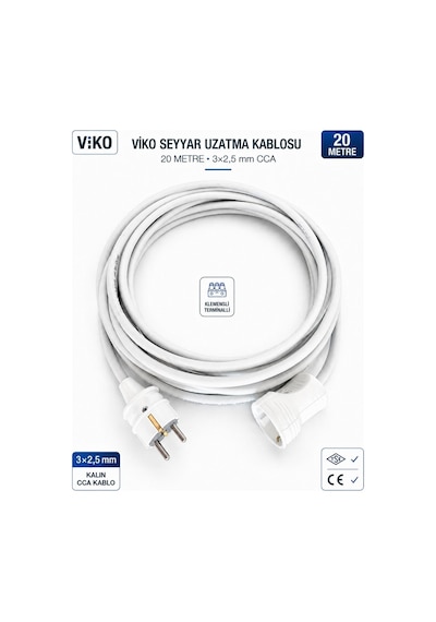 Viko Seyyar Uzatma Kablosu 20 Metre 3x2.5 Mm Cca Kablo Viko Erkek Dişi Fiş Klemensli Terminalli Topraklı Tse Ce Belgeli 20 M