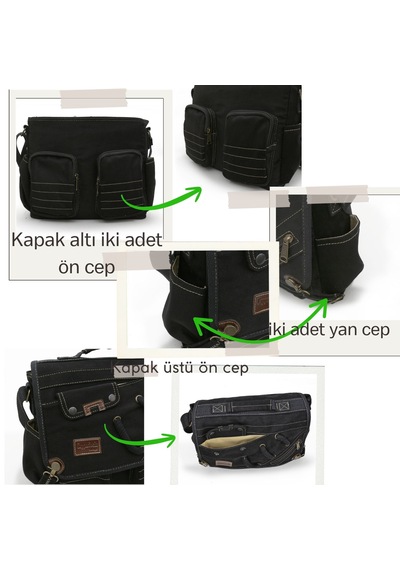 Cappadocia Vintage 4017 Siyah 14" Laptop Pamuk Gabardin Postacı Okul Çantası Unisex Kilitli Çok Cepli Omuz Askılı Siyah