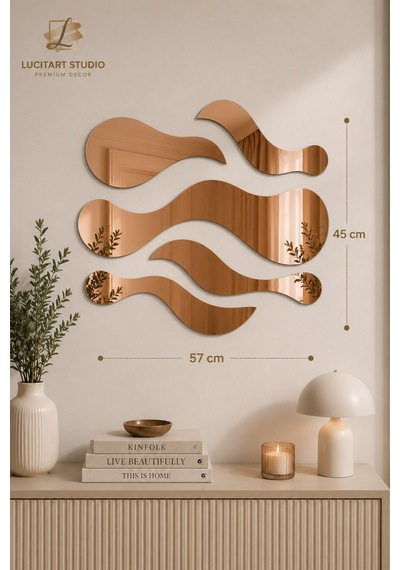 Organik Dalga Gold Rose Pleksi Ayna Seti 57x45 Cm Kendinden Yapışkanlı Dekoratif Duvar Aynası Metalik Metalik