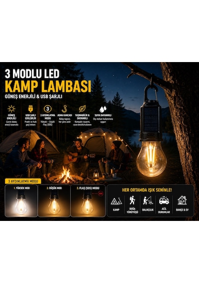 6 Adet Güneş Enerjili Usb Şarjlı 3 Modlu Led Asma Kancalı Taşınabilir Kamp Feneri Aydınlatma Lambası Çok Renkli