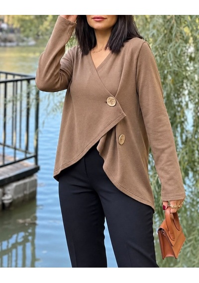 Veraura Lifestyle Kruvaze Kesim Büyük Düğmeli Vizon İnce Triko Hırka