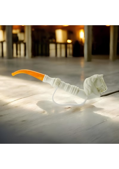 El Yapımı Lületaşı At Başlı Pipo 23 Cm Uzunluk, Akrilik Amber Ağızlık, Özel Oyma Meerschaum Pipo