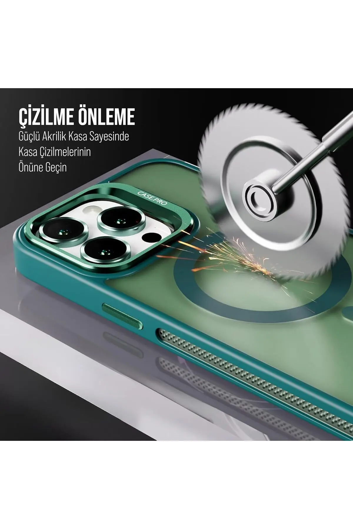 İphone 15 Pro Uyumlu Magsafe Kılıf Mıknatıslı Standlı Darbeye Dayanıklı Mat Şeffaf Arka Kapak Lens li Yeşil