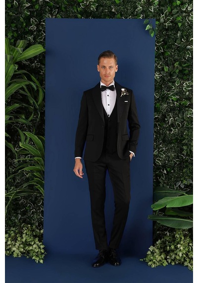 Efor Black 070 Slim Fit Yelekli Çıkarılabilir Saten Yaka Siyah Damatlık Smokin Takım Siyah