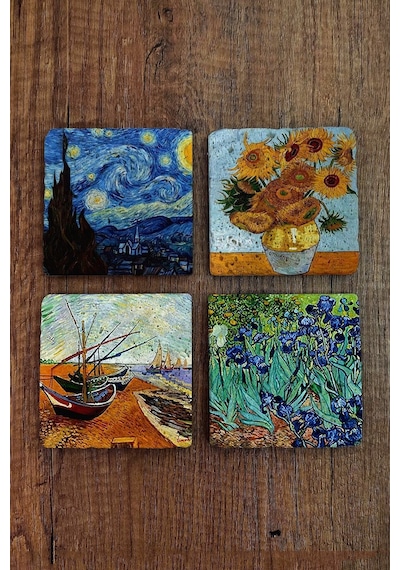 Taş Bardak Altlığı Vinced Van Gogh Baskılı Baskılı 4'lü Set - Stone Coasters Çok Renkli