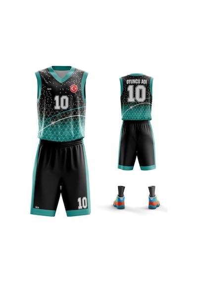 Basketbol Forması Turkuaz & Siyah Model B2402 - Kişiye Özel İsim Ve Numara Yazılabilir Dijital Baskı Turkuaz