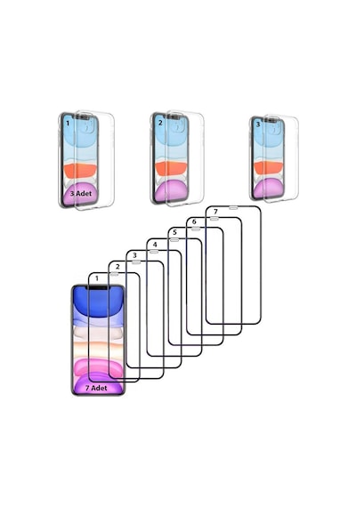 10 Adet Apple Uyumlu iPhone 11 Ekran Koruyucu + Şeffaf Kılıf Set 7 Koruyucu + 3 Kılıf