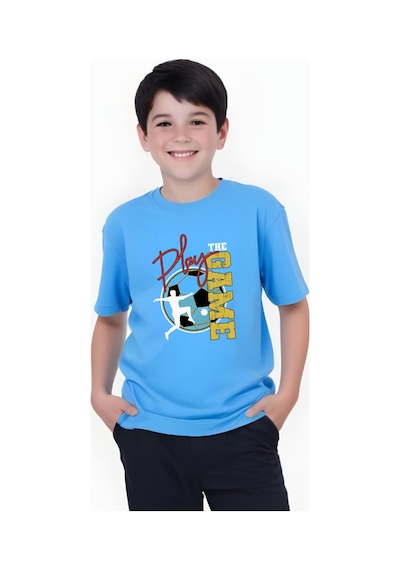 Panios Kids Play Game Baskılı Erkek Çocuk Kısa Kollu Yuvarlak Yaka T-shirt Mavi