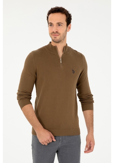 U.S. Polo Assn. Erkek Slim Fit Yarım Fermuarlı Haki Basic Kazak 50293517-VR027