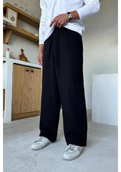 Flaw Bel Lastikli Keten Baggy Pantolon Siyah Siyah