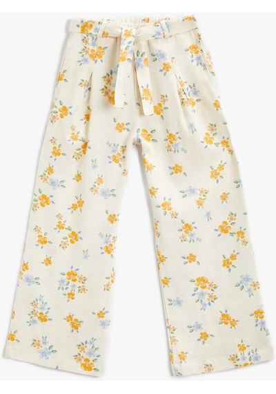 Koton Keten İspanyol Paça Pantolon Çiçekli Beli Kemerli Sarı Desenli 4skg40096aw Sarı
