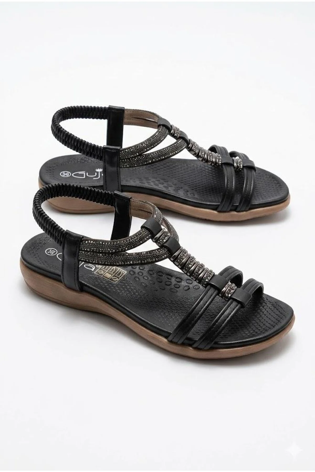 Guja 26y240-10 Kadın Taşlı Düz Taban Günlük Comfort Sandalet Siyah