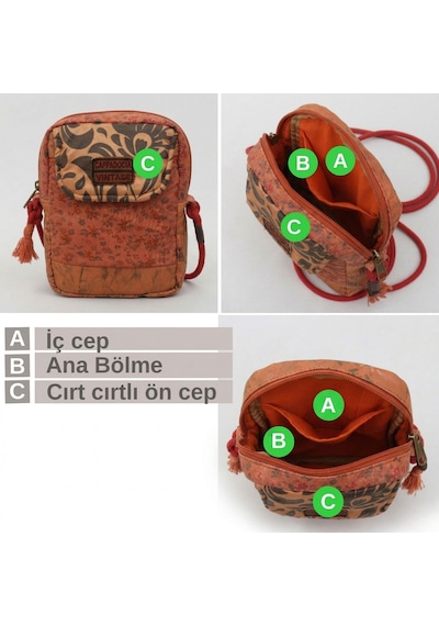 Cappadocia Vintage Kadın Çiçek Desenli Omuz Çantası - Bohem Tarz Mini El Ve Telefon Çantası Kırmızı