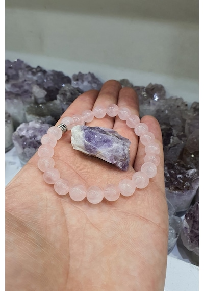 Pembe Kuvars Doğal Taş Bileklik 8 Mm Ametist Taş Hediyeli Yaşam Sevinçi, Pozitiflik Çok Renkli