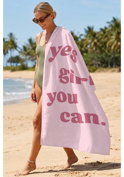 Motivasyon Yazılı Yes You Can Pembe Plaj Havlusu - Minimalist Tipografik Banyo Sahil Örtüsü Mat Kabuğu