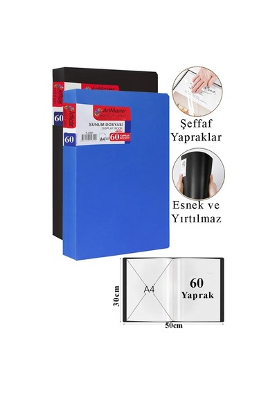 Siyah Mavi Sunum Dosyası 60 Lı 2 Adet Poşet Dosyalı Katalog Dosyası 60 Poşetli Kendinden Dosya Plastik Kapaklı Çok Renkli