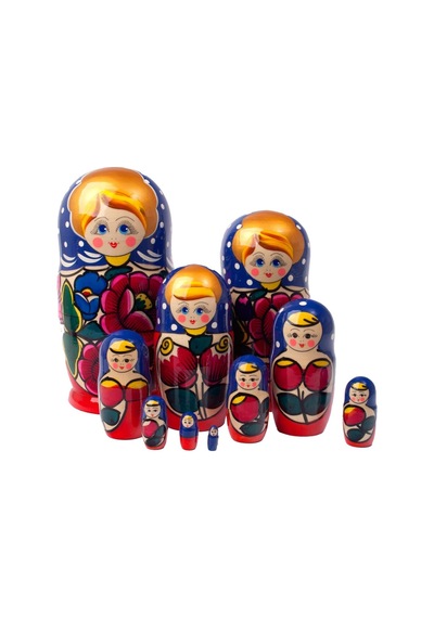 Onlu Ahşap Matruşka Bebek Seti Büyük 27cm Lüks Renkli 10 Parça L27