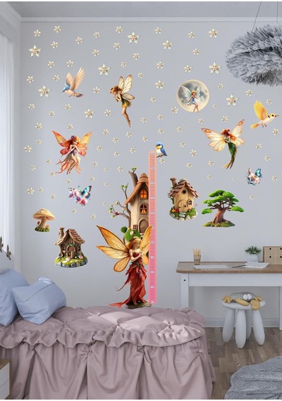 Peri Temalı Boy Ölçerli Duvar Sticker Seti - Çocuk Odası Duvar Dekoru, Mat Pvc, Sökülebilir, Boy Ölçer
