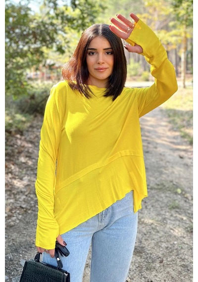 WeShaya Kadın Sarı Elleri Eldiven Detaylı, Asimetrik Kesim, Bisiklet Yaka, Eteği Pliseli, Salaş Spor Bluz Sari WeShaya Kadın Sarı Elleri Eldiven Detaylı, Asimetrik Kesim, Bisiklet Yaka, Eteği Pliseli, Salaş Spor Bluz Sari