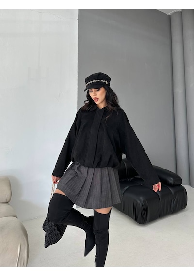 Süet Apoletli Bomber Ceket Siyah