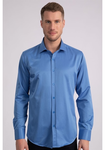 Tudors Modern Slim Fit Düz Saten Erkek Gömlek-23052 Mavi