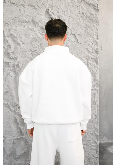 Beyaz Cozy Basic Yarım Fermuar Oversize Sweatshirt Beyaz