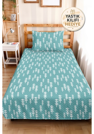 Turkuaz Çam Ağaçlı Genç Odası Tek Kişilik Pike Takımı - İskandinav 160x220 Cm Kapitone Yatak Örtüsü Lacivert