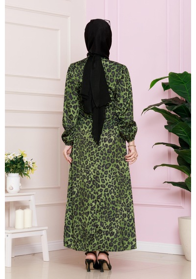 Yanı Bağcıklı Leopar Desenli Tesettür Abiye-yeşil-4683